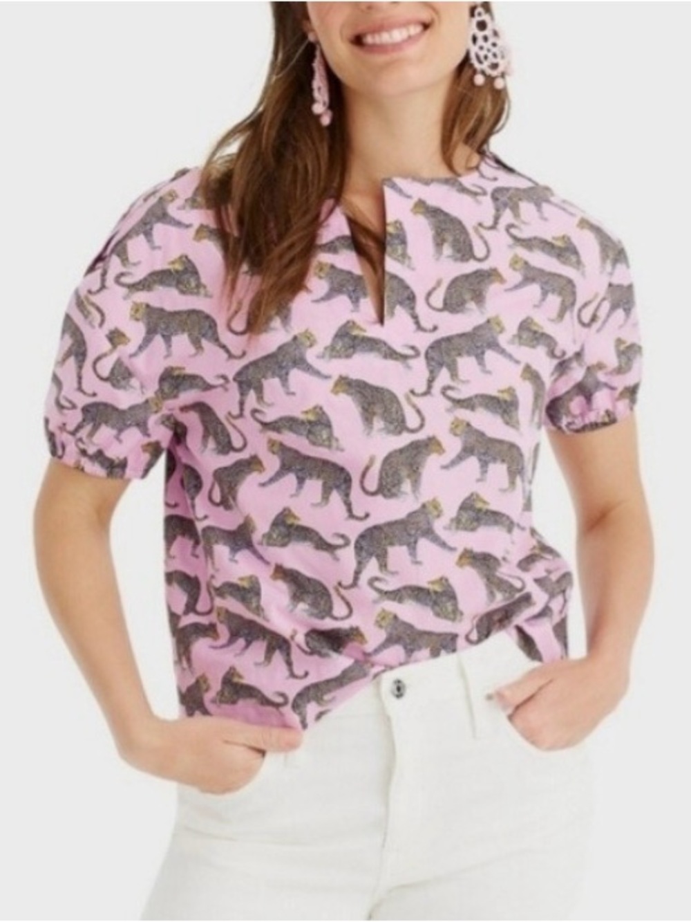 J.Crew Pink Cheetah Print Blouse XS Animal Print Cotton Top